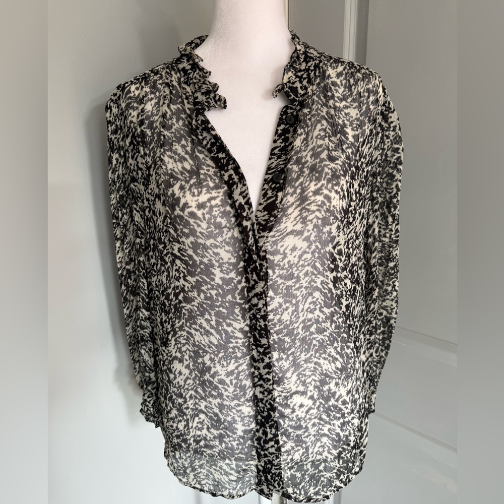 BA&SH Elia Animal Print Chiffon Semi Sheer Blouse Noir
